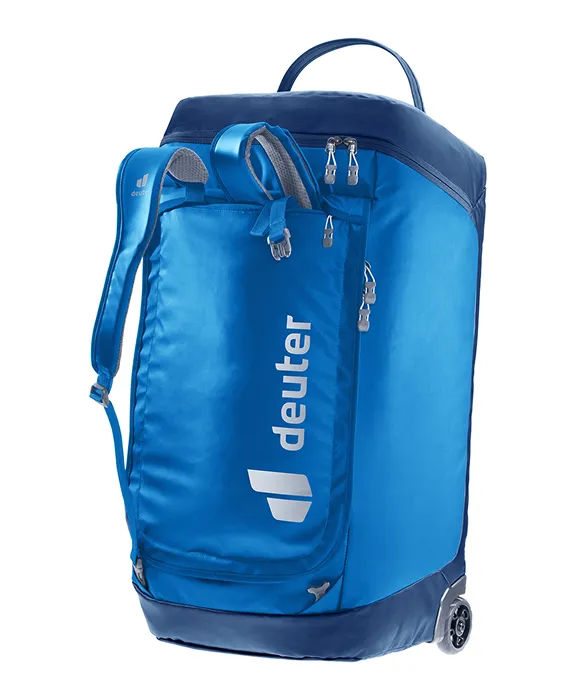 Blauer deuter Reiserucksack mit Rollen und sichtbaren Schultergurten.